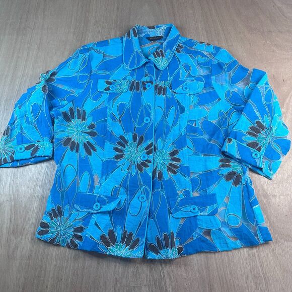 Multiples Tops - Multiples Sheer Button Front Blouse Women's Blue Floral Top 3/4 Sleeve